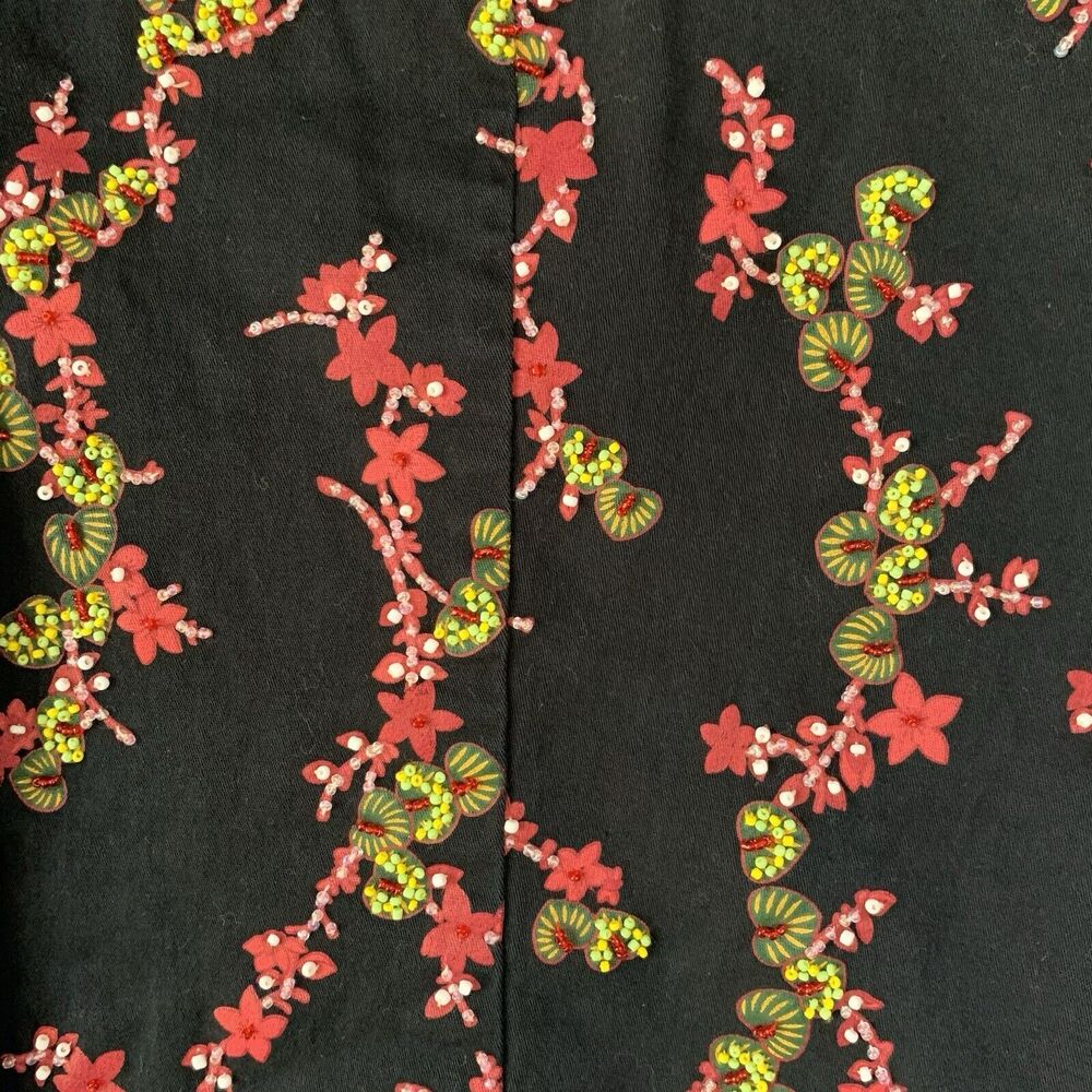 British Khaki Vest Women 1X Black Denim Snap Buttons Beaded Boho Artsy Floral - Picture 11 of 16